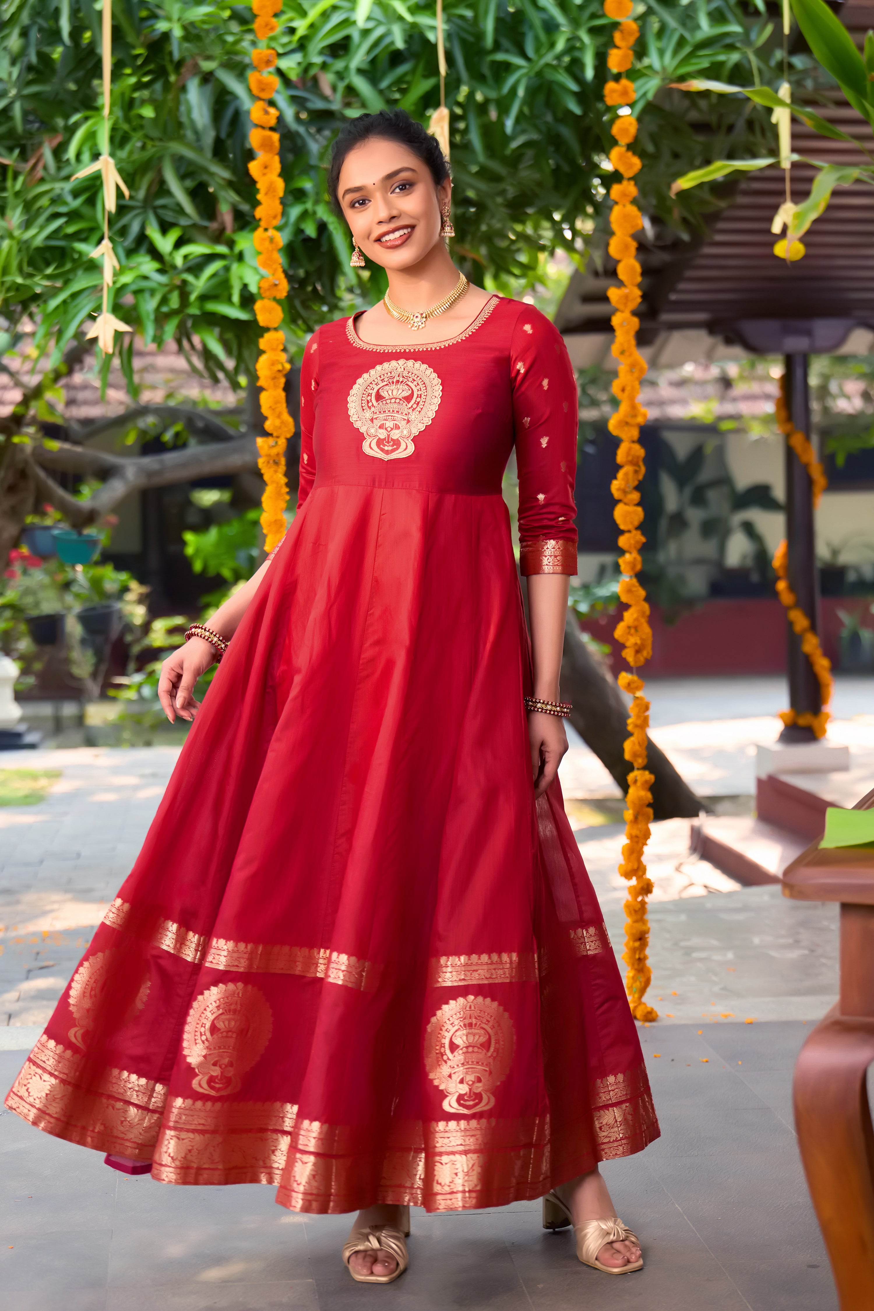 Woven Kathakali Red Anarkali with Applique Yoke