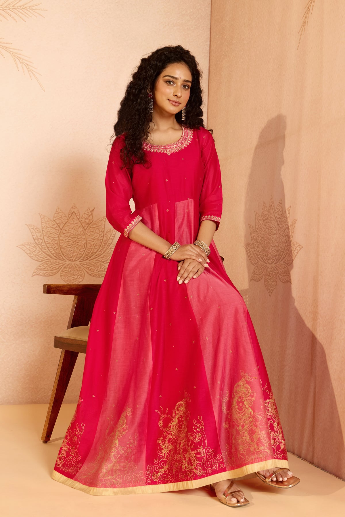 Pink Mural Printed Chanderi Anarkali