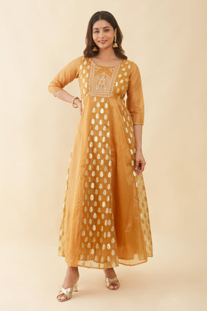 Floral Embroidered Yoke With Brocade Panelled Anarkali Mustard