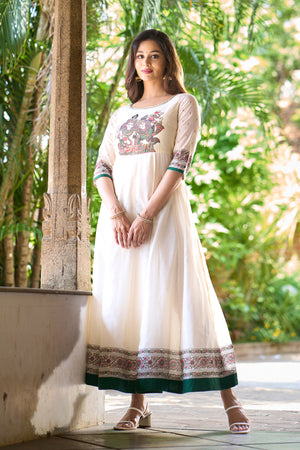 Mural Printed Anarkali - Off-White
