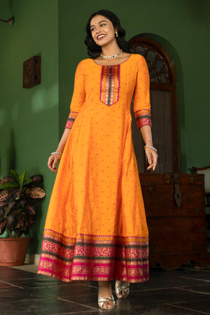 Embroidered Brocade Patchwork With Zari Border Anarkali - Yellow