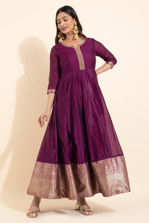 Floral Embroidered Anarkali with Zari Border - Plum