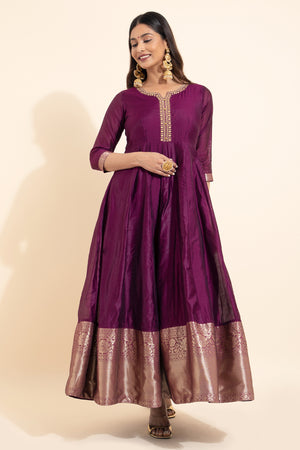 Floral Embroidered Anarkali with Zari Border - Plum