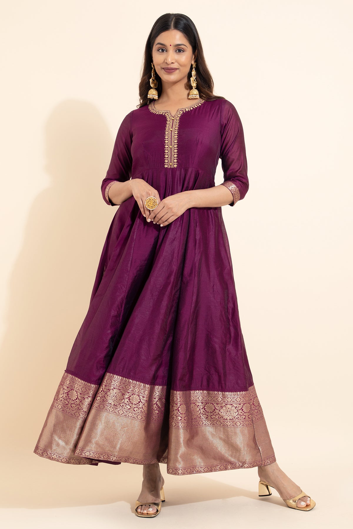 Floral Embroidered Anarkali with Zari Border - Plum