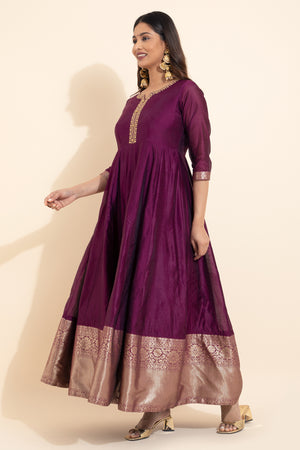 Floral Embroidered Anarkali with Zari Border - Plum