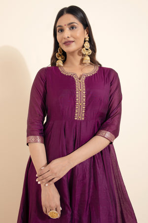 Floral Embroidered Anarkali with Zari Border - Plum