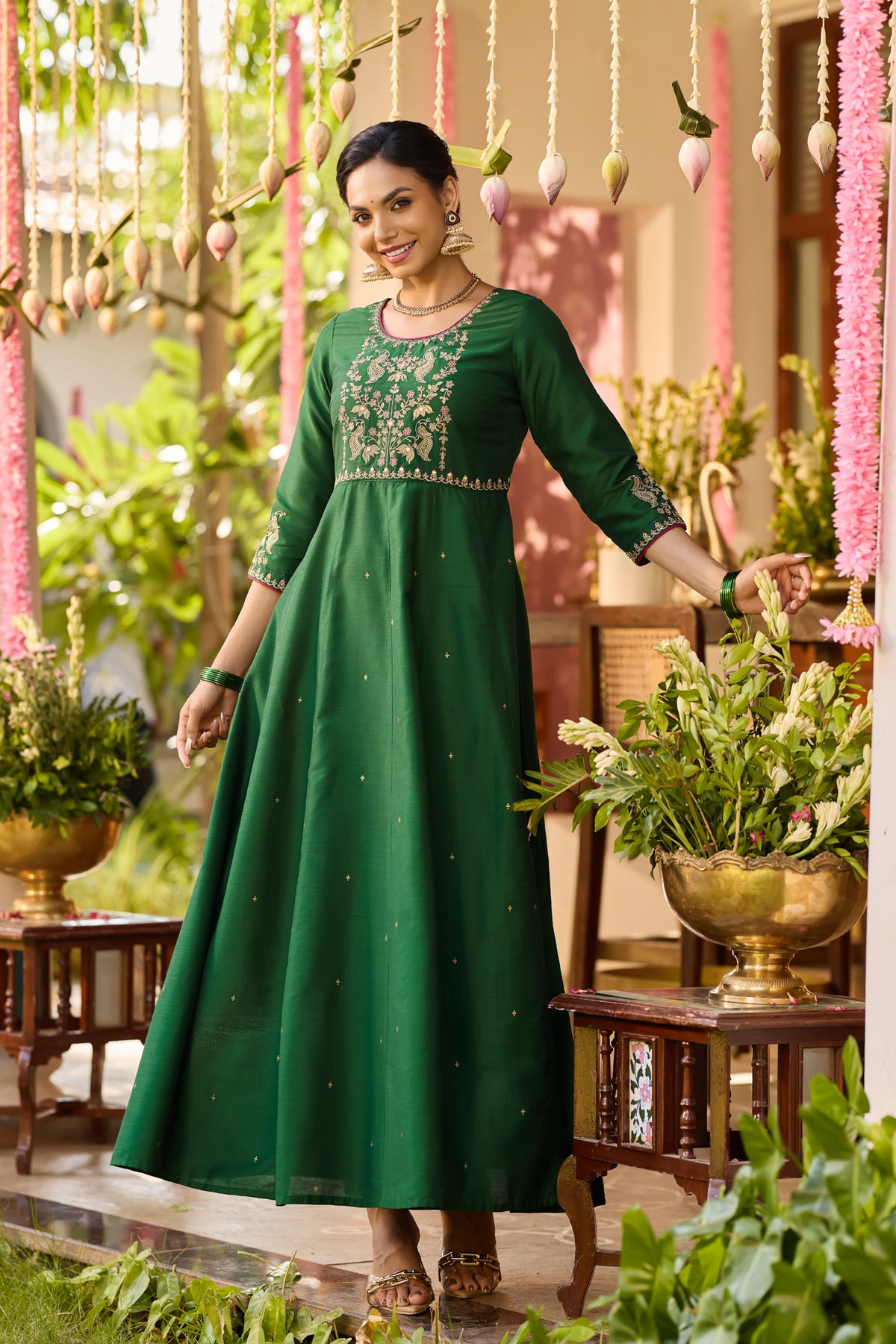 Green Peacock Embroidered A-line Anarkali