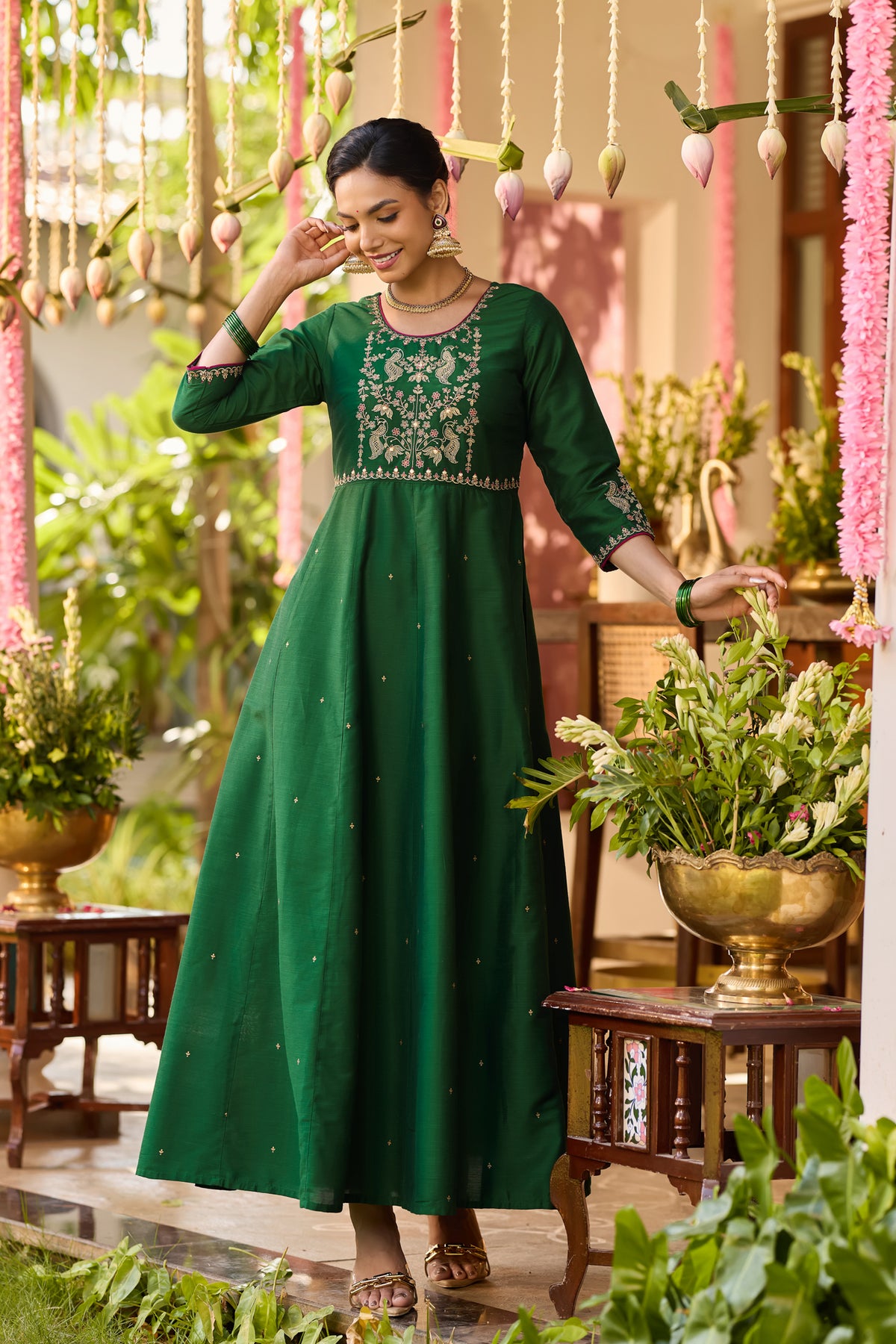 Green Peacock Embroidered A-line Anarkali