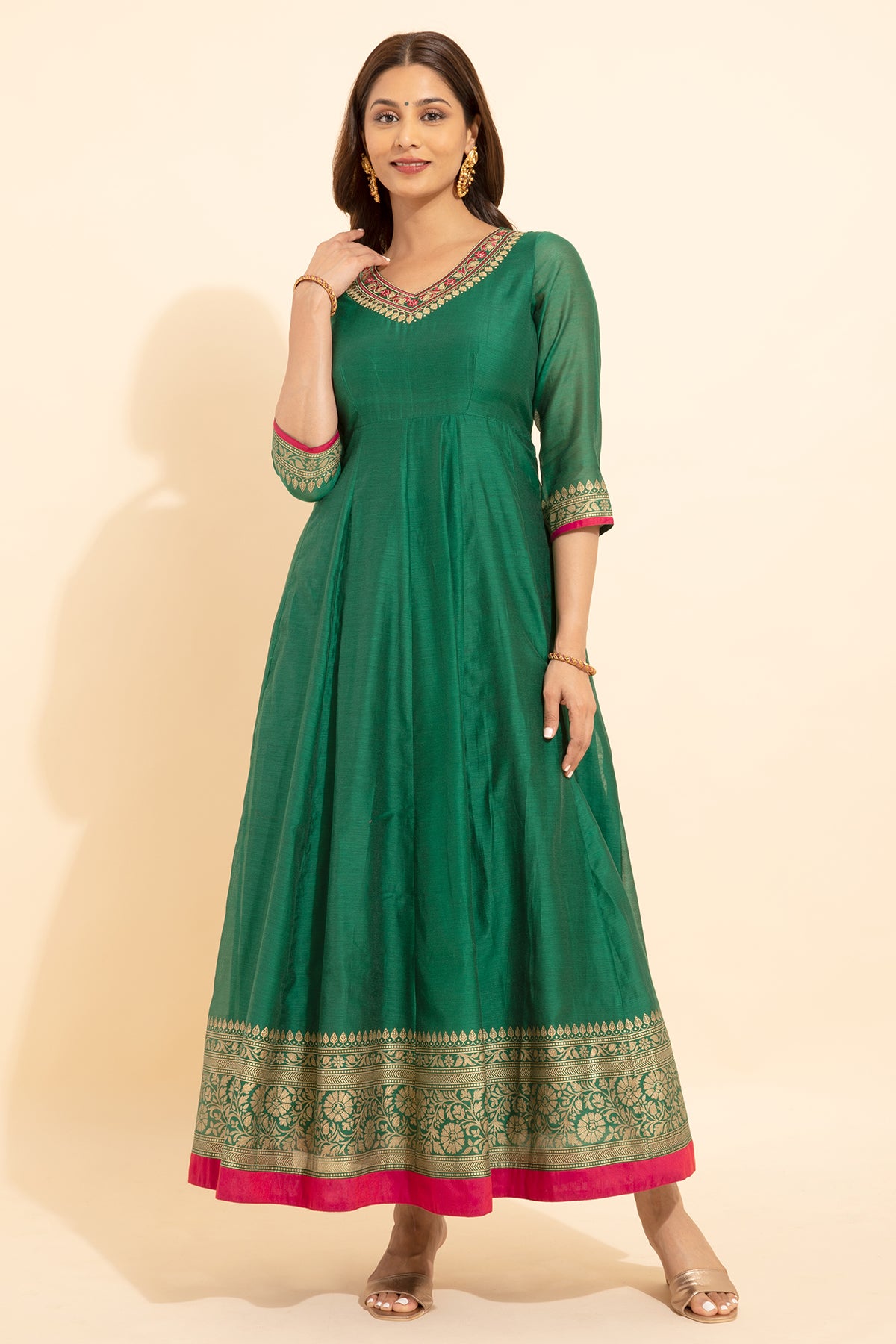 Jewel Embroidered Neckline With Floral Embroidered Border Anarkali Green