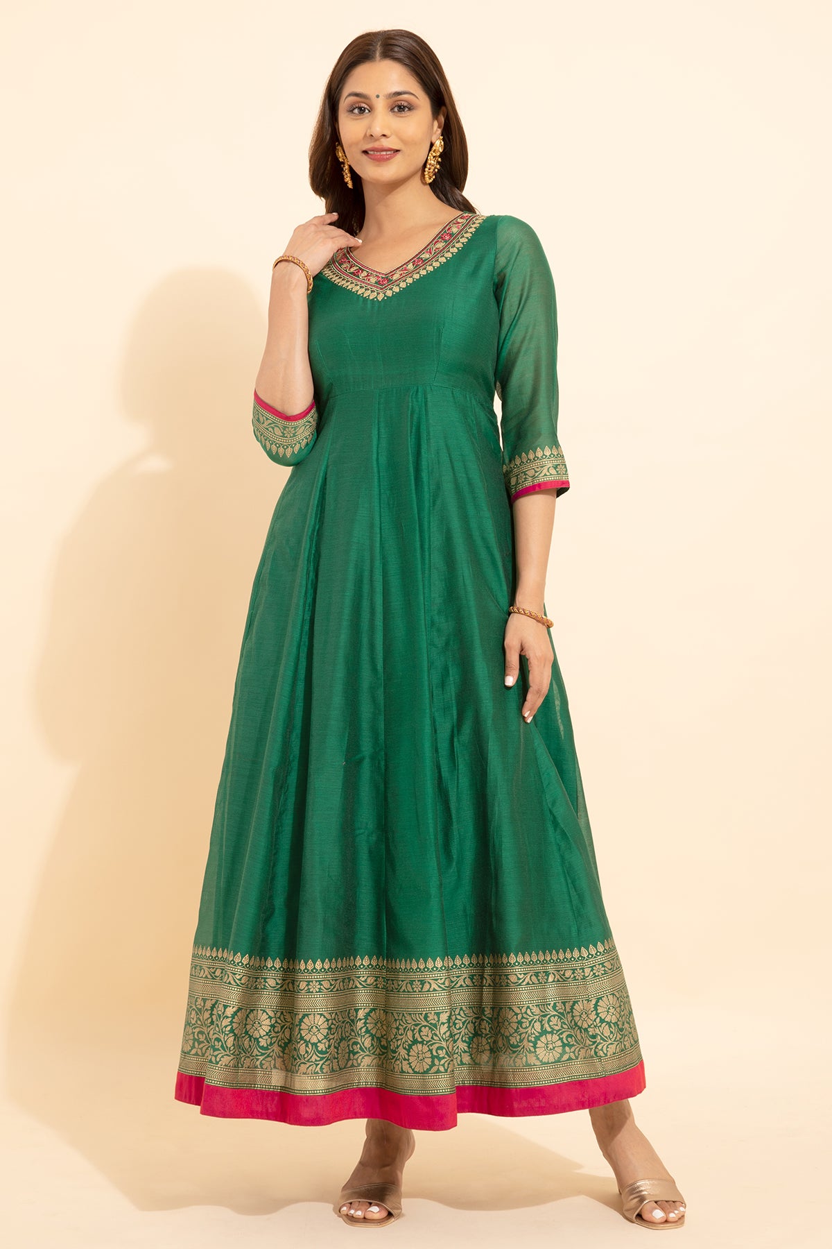 Jewel Embroidered Neckline With Floral Embroidered Border Anarkali - Green