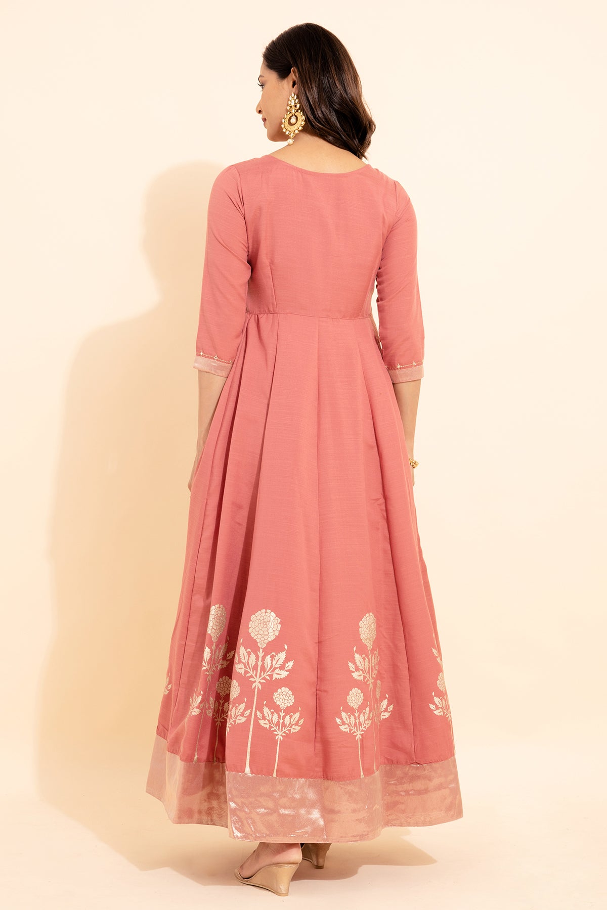 Goemetric Embroidery With Floral Printed Anarkali - Pink
