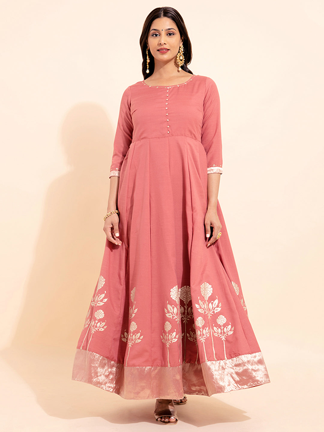 Goemetric Embroidery With Floral Printed Anarkali Pink