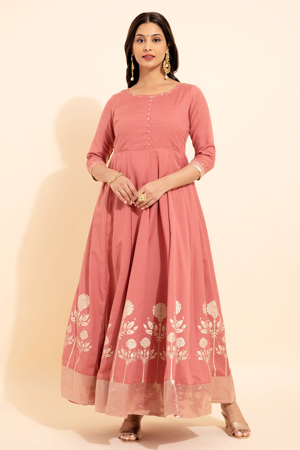 Goemetric Embroidery With Floral Printed Anarkali Pink