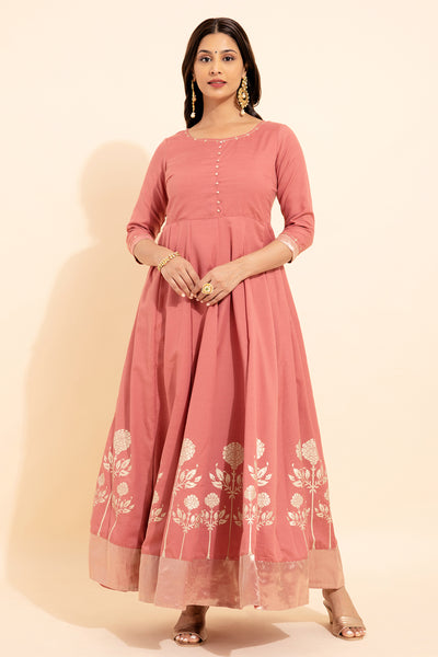 Goemetric Embroidery With Floral Printed Anarkali - Pink