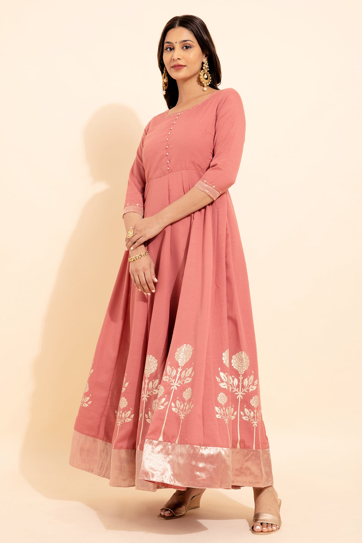 Goemetric Embroidery With Floral Printed Anarkali Pink