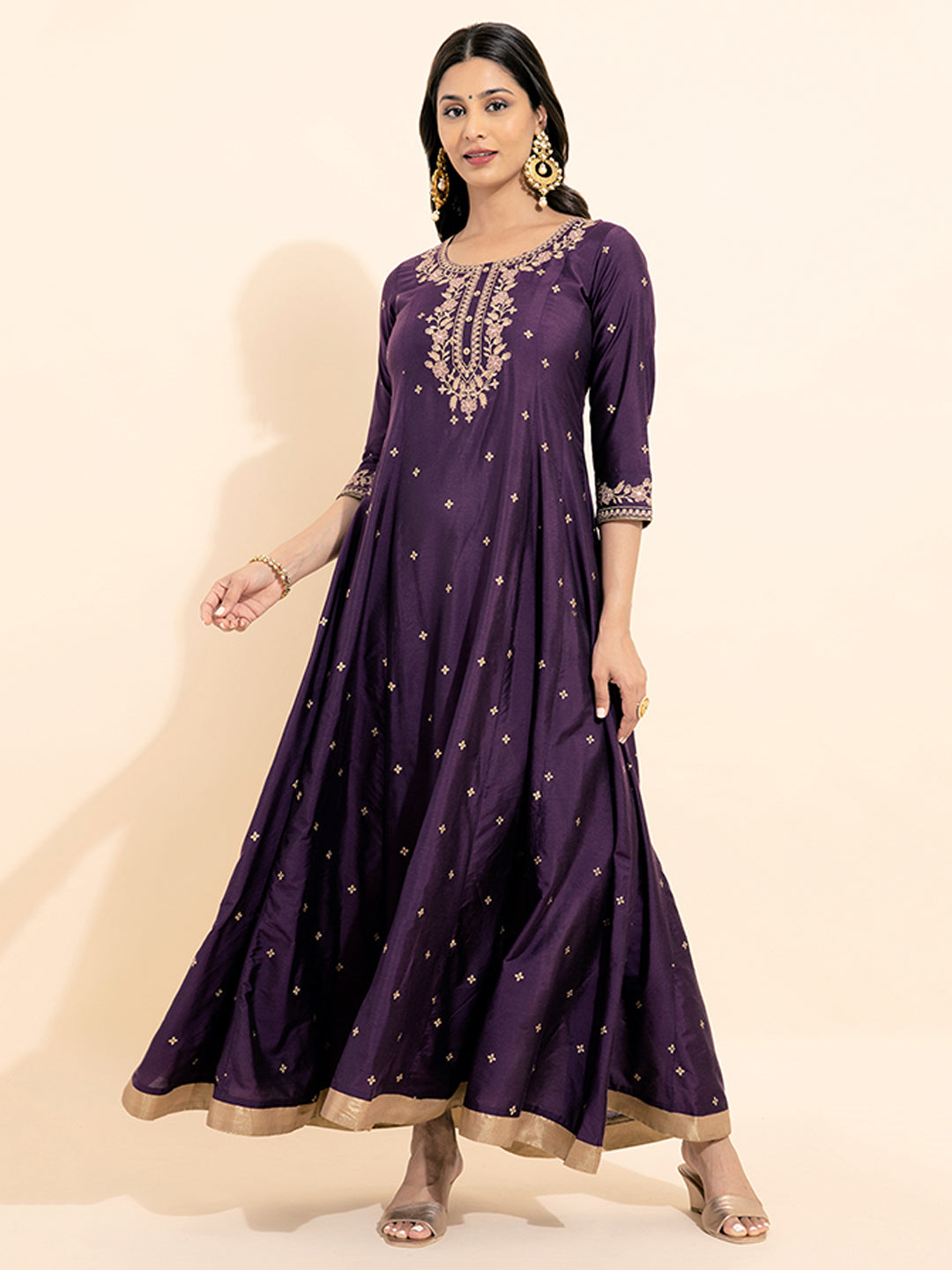 Floral Embroidered Allover Printed Anarkali Purple