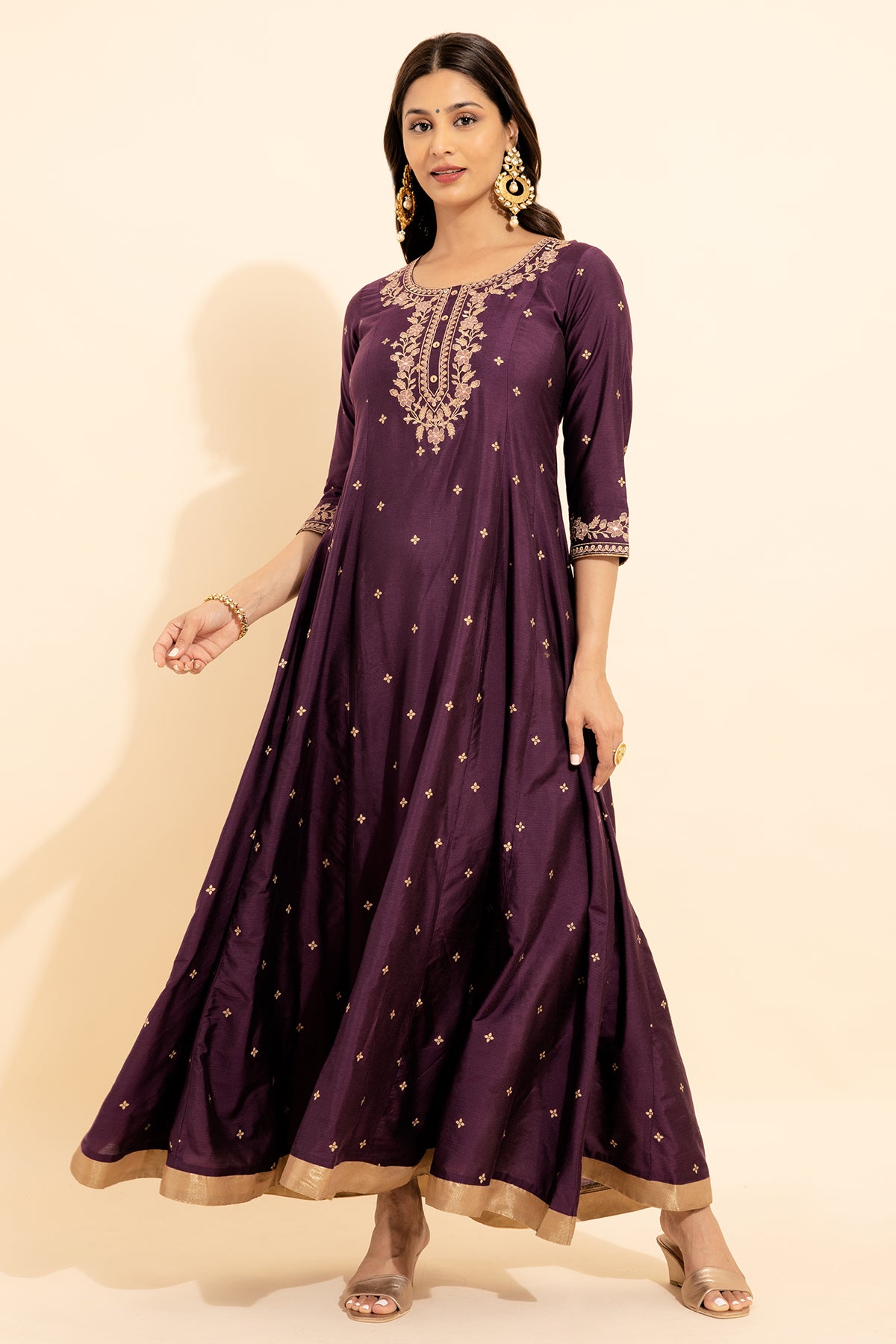 Floral Embroidered Allover Printed Anarkali Purple