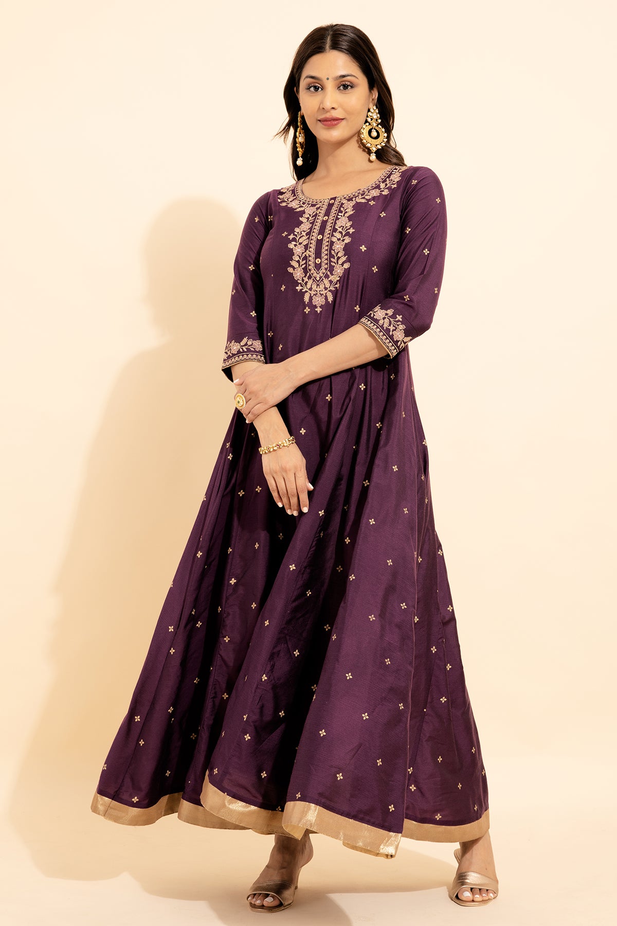 Floral Embroidered Allover Printed Anarkali Purple