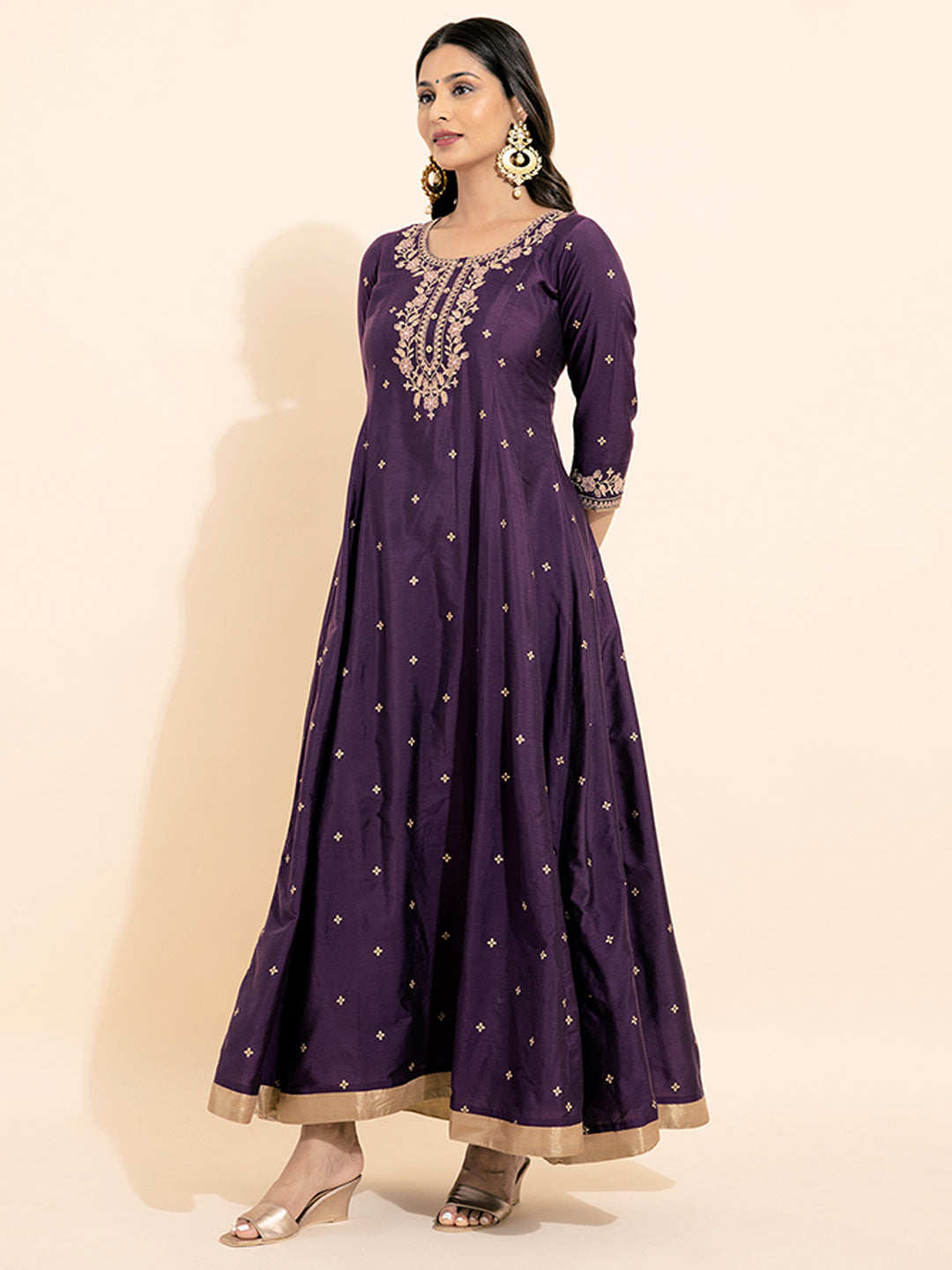 Floral Embroidered Allover Printed Anarkali Purple