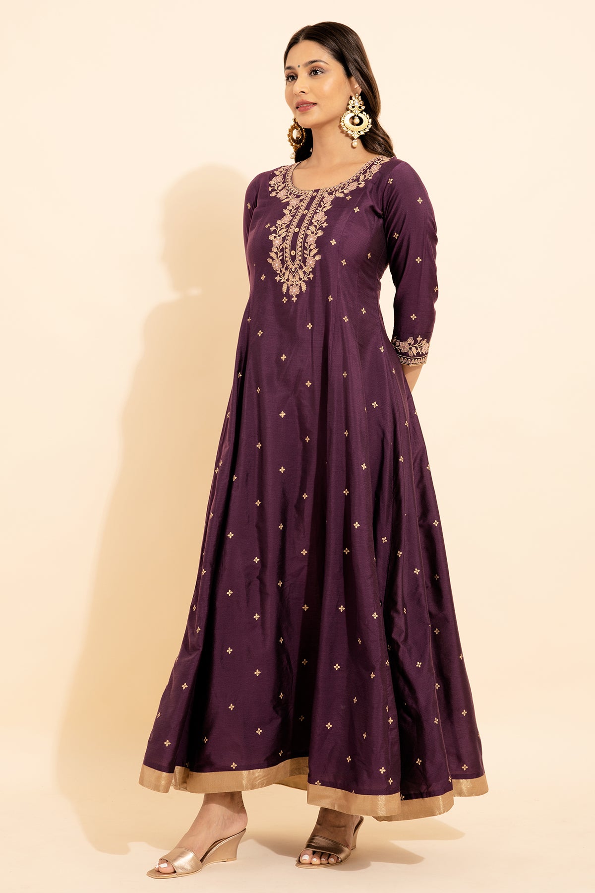 Floral Embroidered & Allover Printed Anarkali - Purple