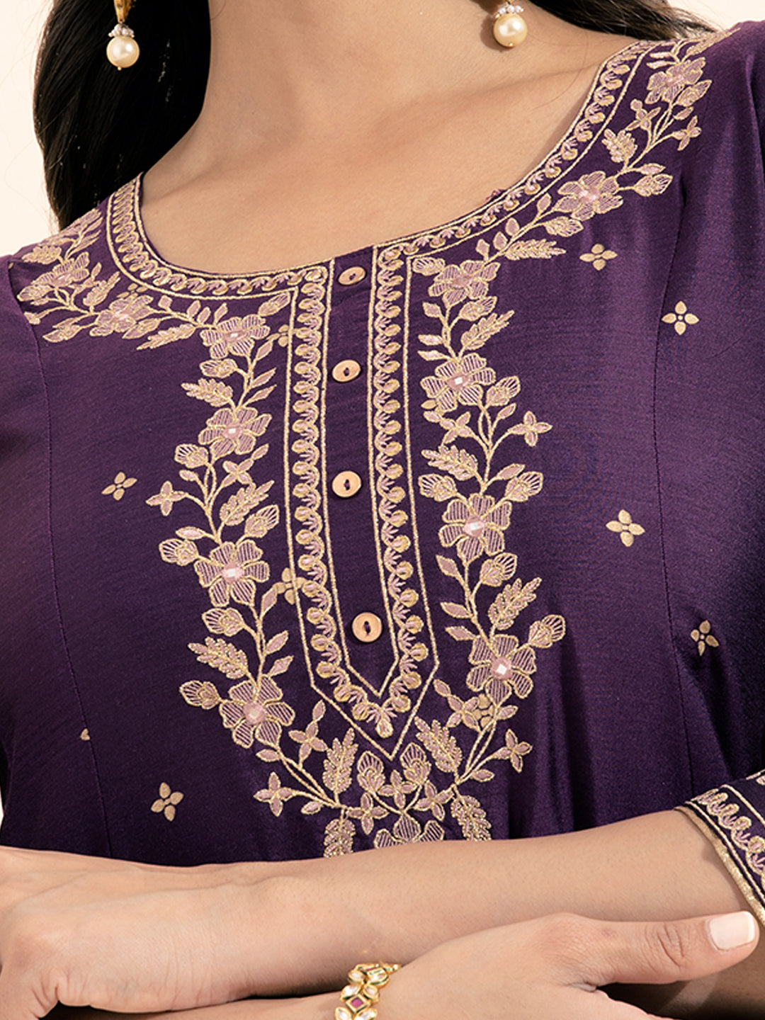 Floral Embroidered Allover Printed Anarkali Purple