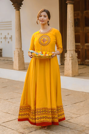 Hanuman Motif Embroidered With Foil Mirror Embellished Anarkali Yellow
