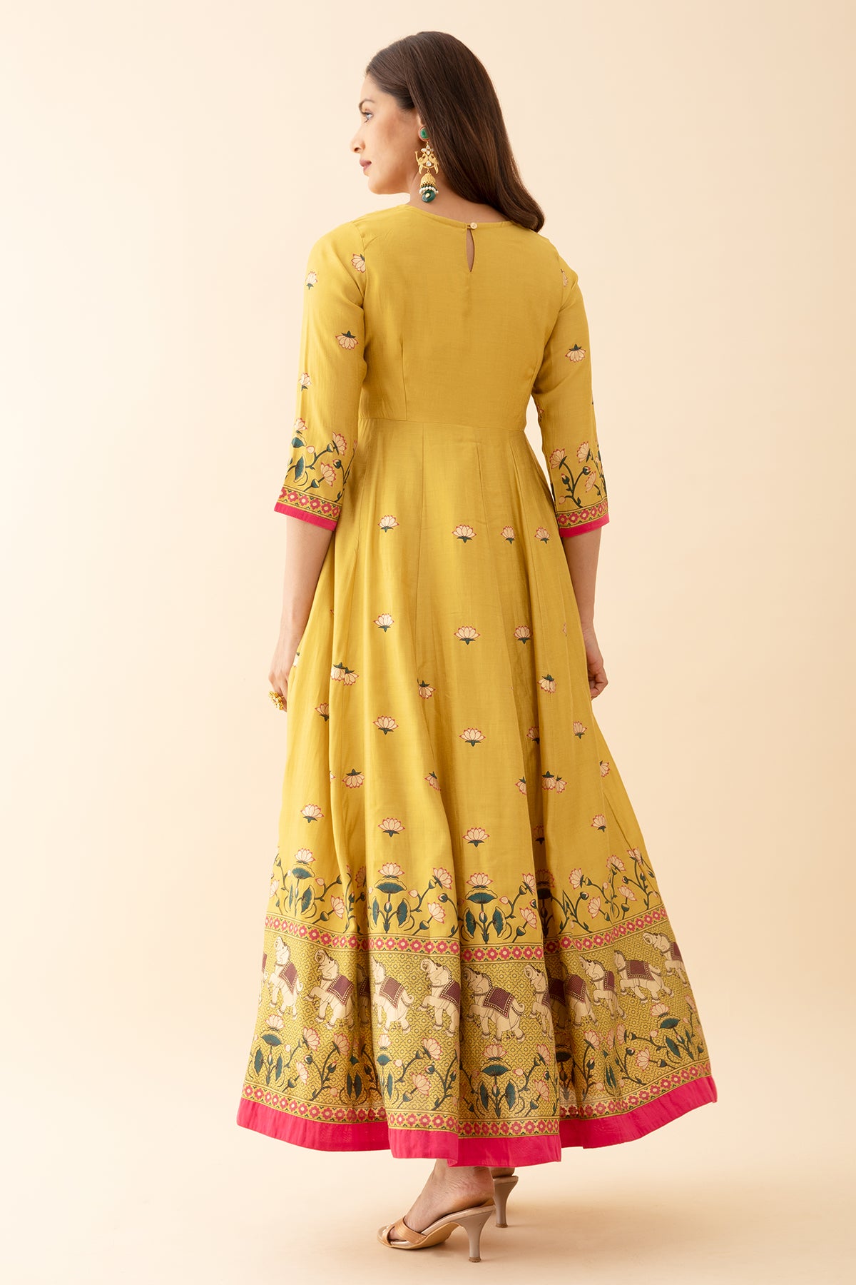 Lotus Motif Printed Anarkali with Embroidered Neckline Yellow