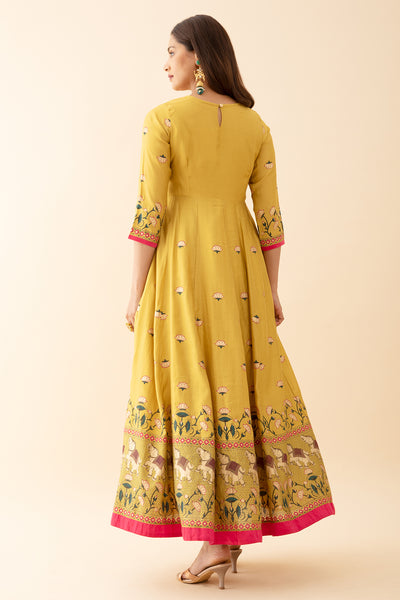 Louts Motif Printed Anarkali with Embroidered Neckline Yellow