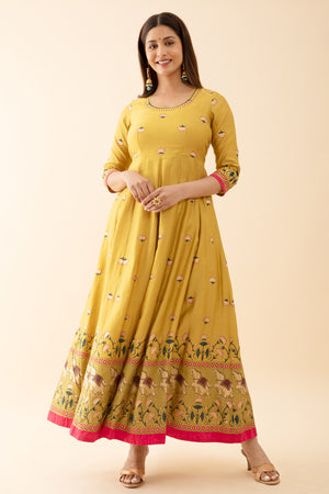 Lotus Motif Printed Anarkali with Embroidered Neckline Yellow