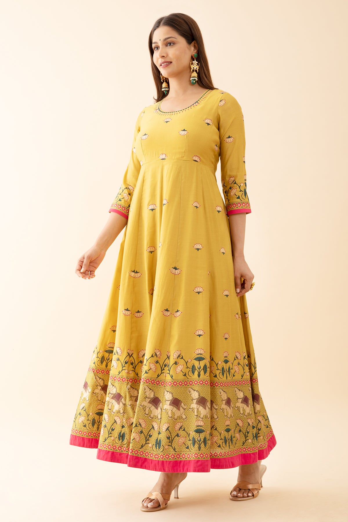 Lotus Motif Printed Anarkali with Embroidered Neckline Yellow