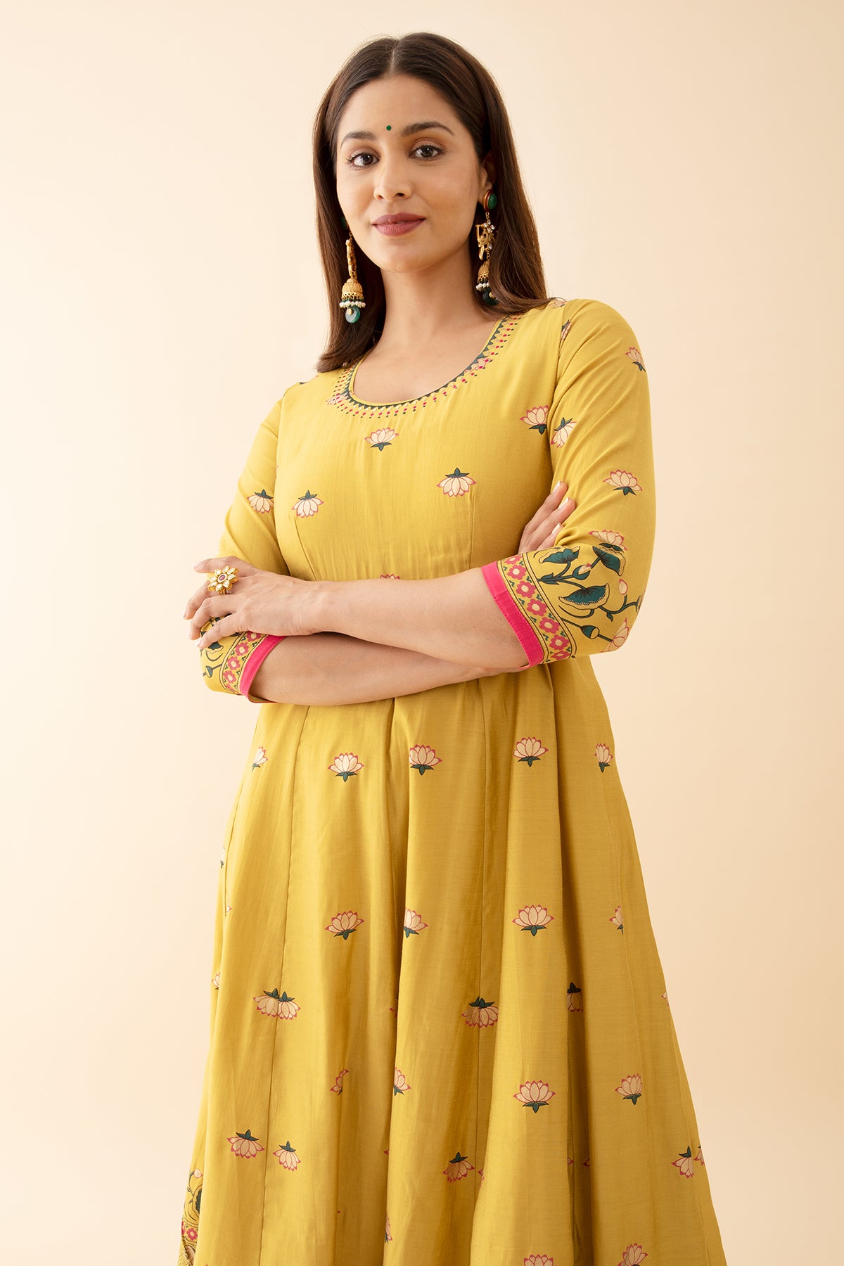 Lotus Motif Printed Anarkali with Embroidered Neckline Yellow