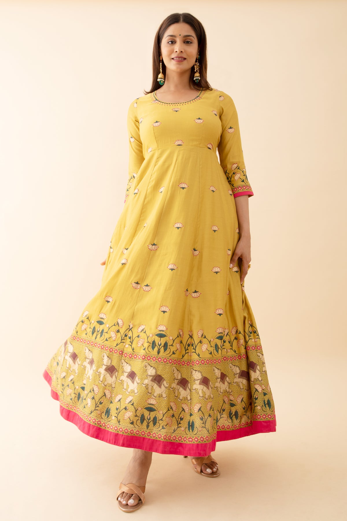 Lotus Motif Printed Anarkali with Embroidered Neckline Yellow