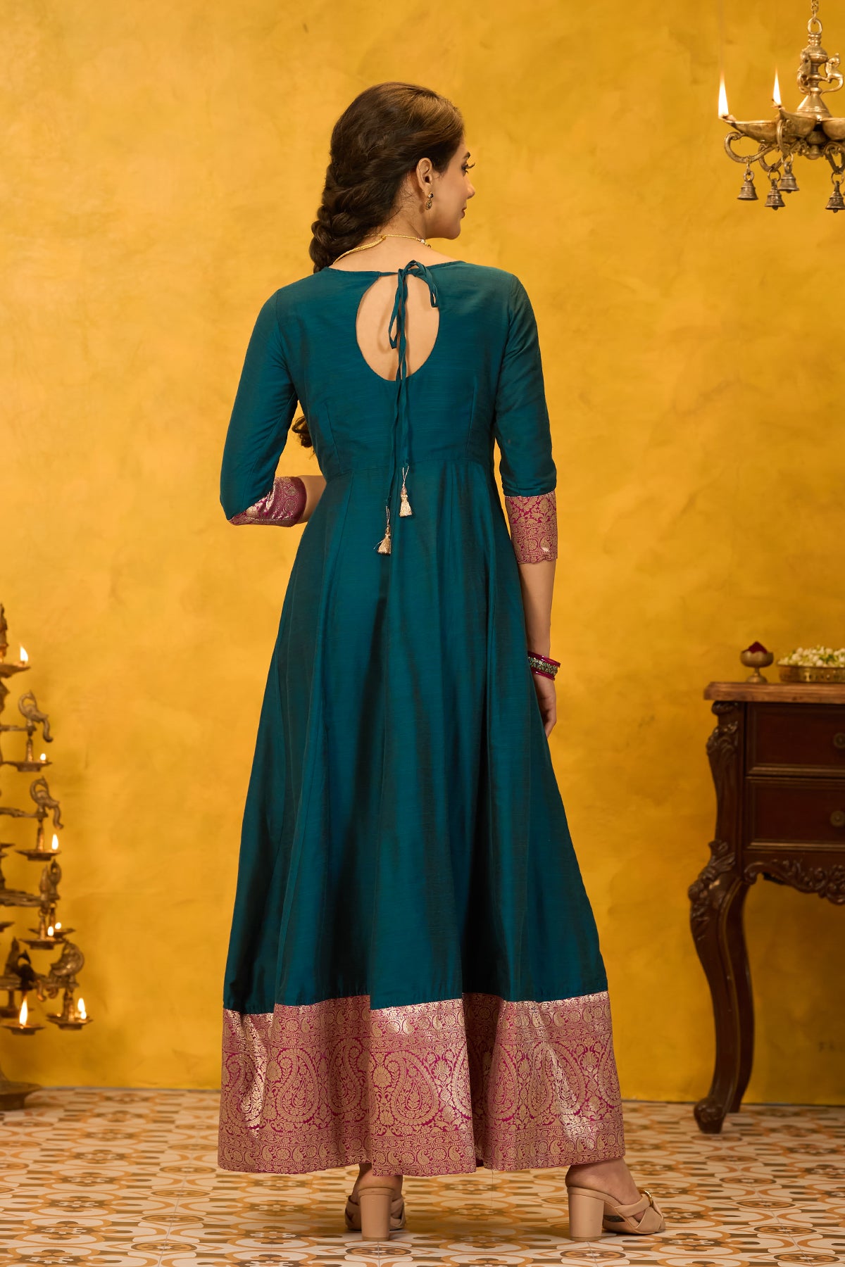 Zari Border Floral Embroidered with Back Tie-up Anarkali - Teal Green