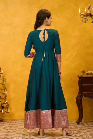 Zari Border Floral Embroidered with Back Tie-up Anarkali - Teal Green