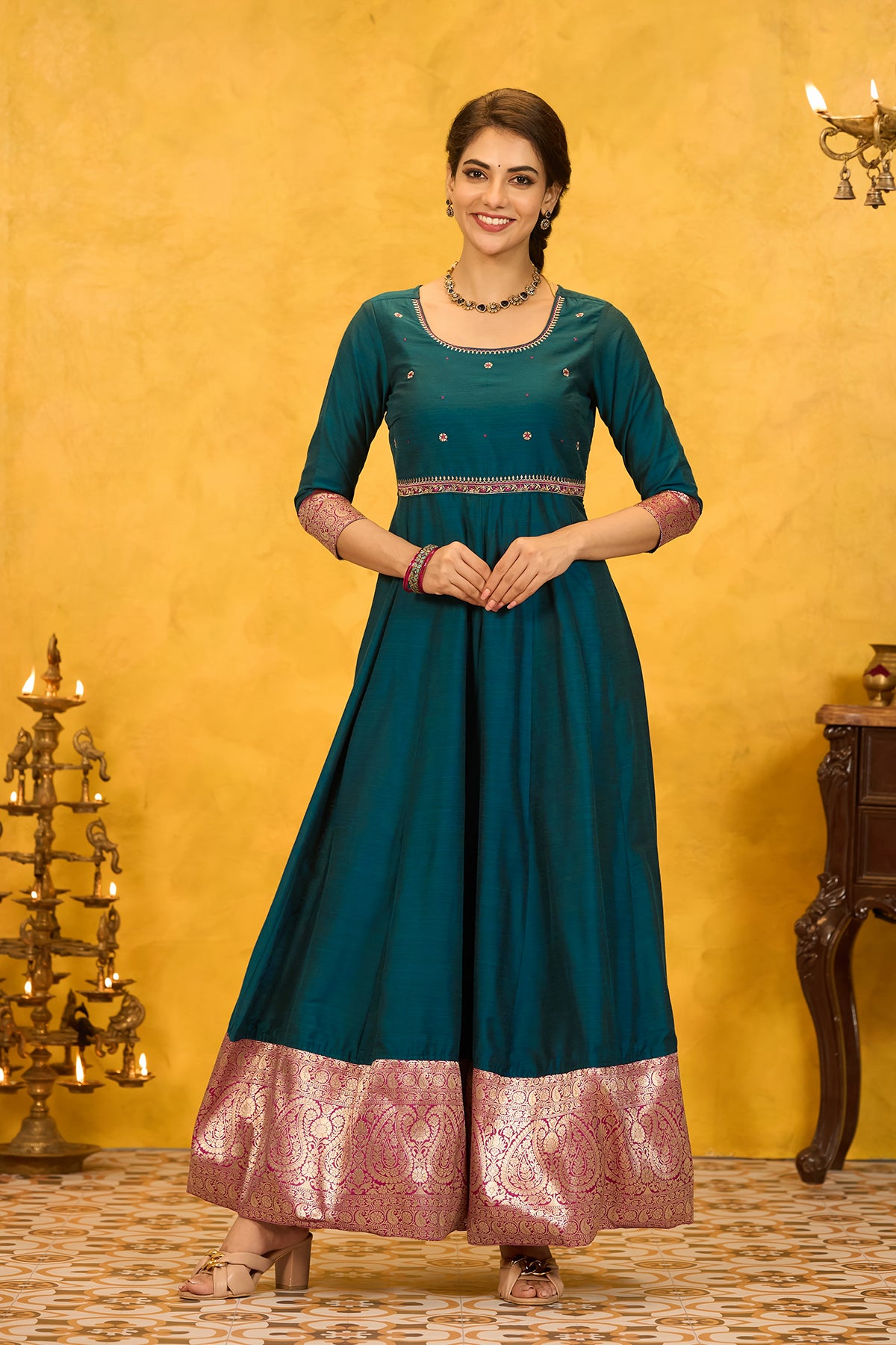 Zari Border Floral Embroidered with Back Tie-up Anarkali - Teal Green