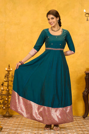 Zari Border Floral Embroidered with Back Tie-up Anarkali - Teal Green