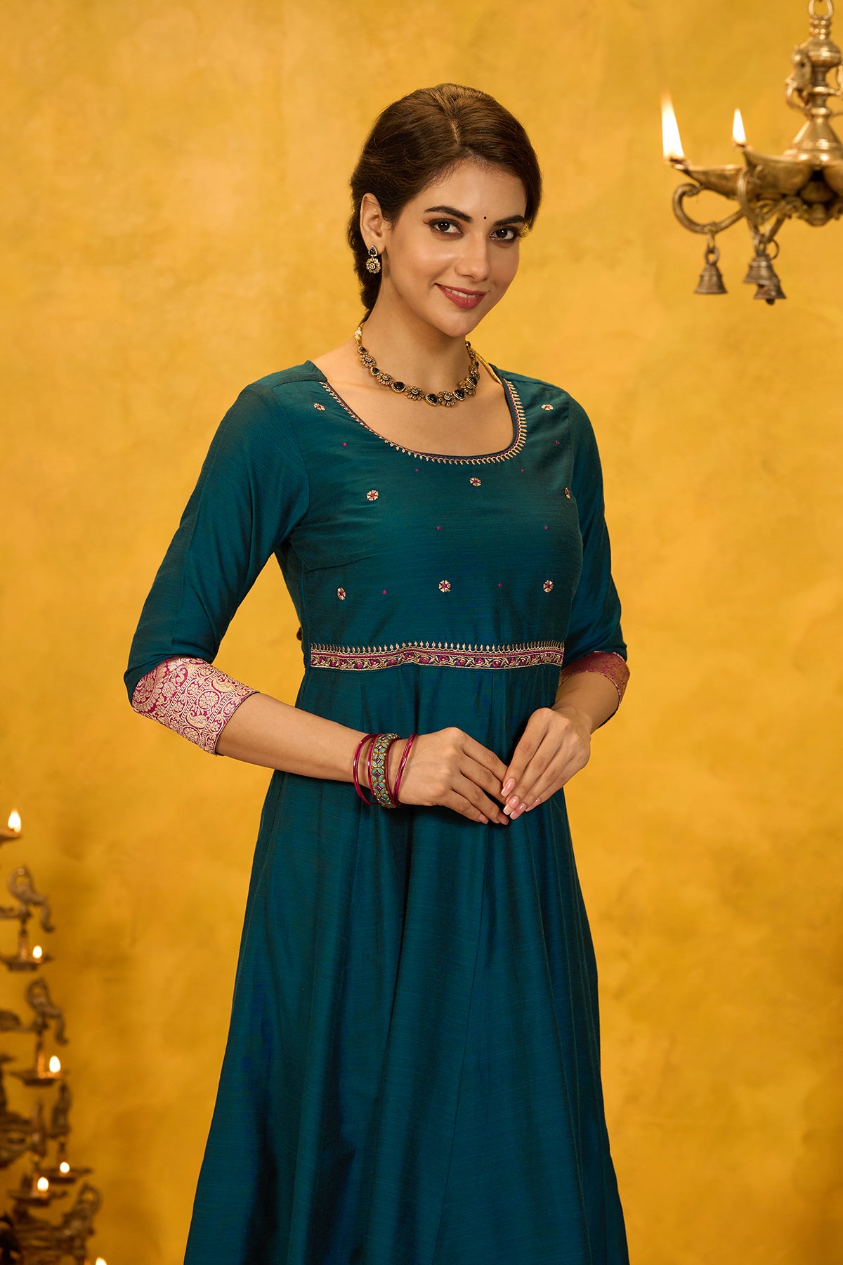 Zari Border Floral Embroidered with Back Tie-up Anarkali - Teal Green