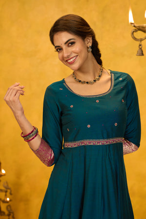 Zari Border Floral Embroidered with Back Tie-up Anarkali - Teal Green