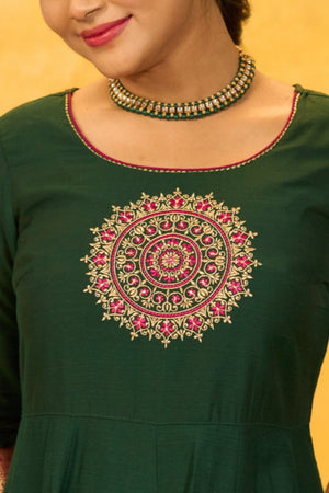 Zari Border Mandala Embroidered Anarkali - Green