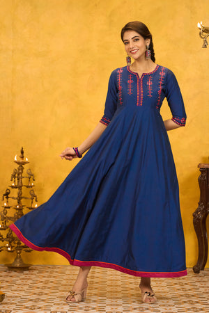 Foil Mirror Embellished Anarkali - Blue