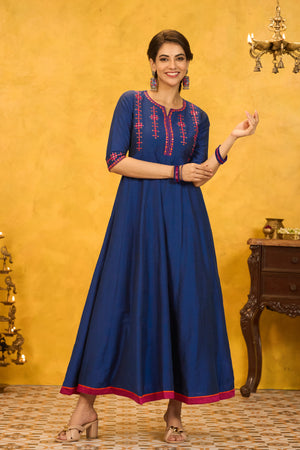 Foil Mirror Embellished Anarkali - Blue