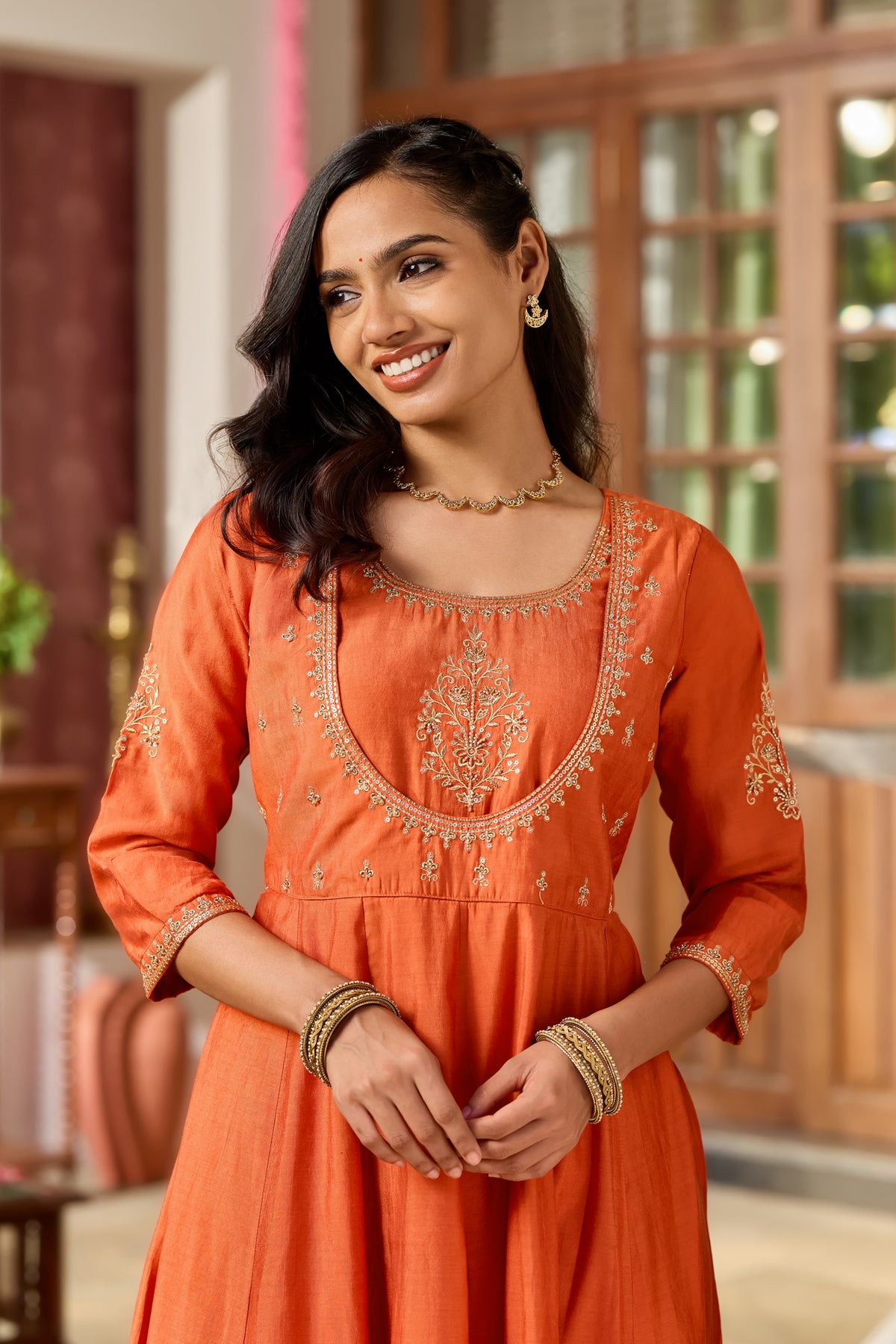 Rust Floral Embellished A-line Anarkali
