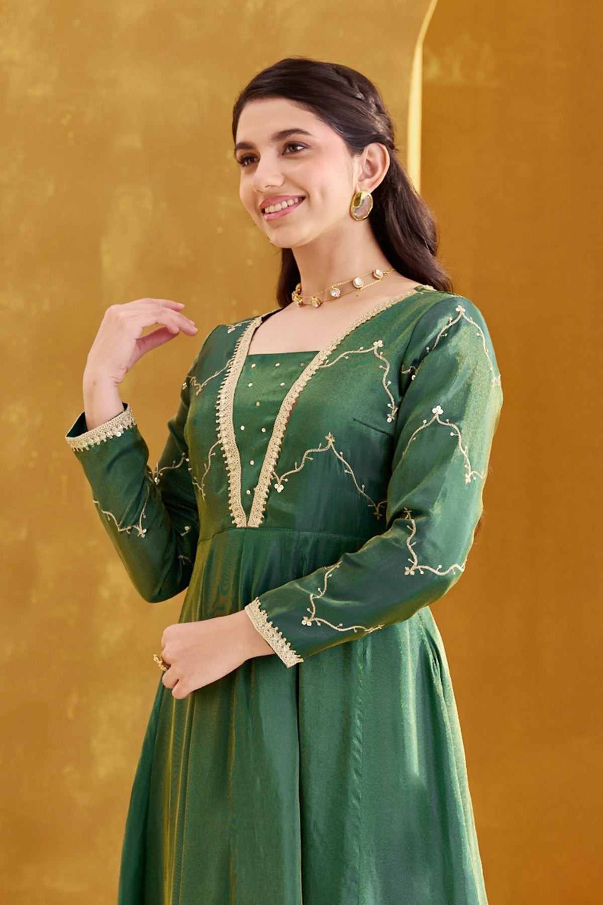 slim fit dress slacks Absolute Ivory Sequin Anarkali with Churidaar – anokherang main image 0