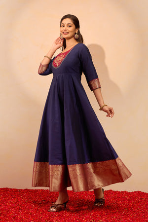 Peacock Printed Anarkali - Navy Blue
