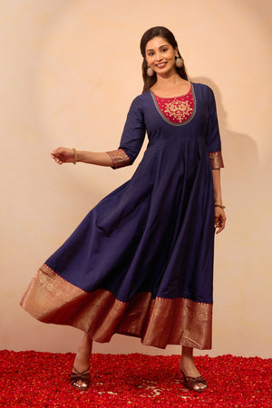 Peacock Printed Anarkali - Navy Blue
