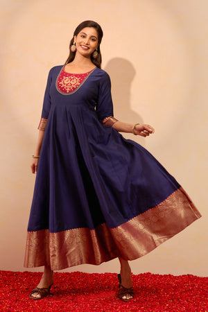 Peacock Printed Anarkali - Navy Blue
