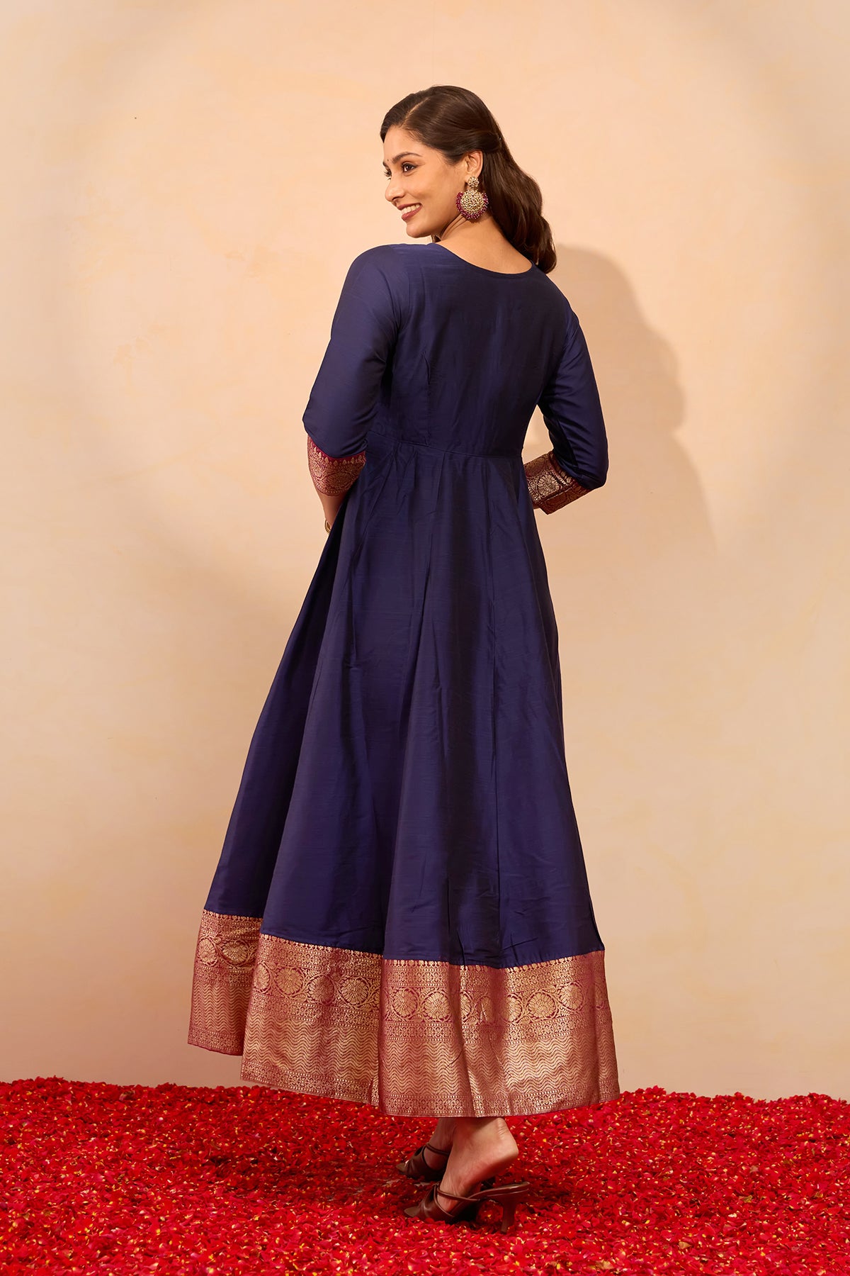 Peacock Printed Anarkali - Navy Blue
