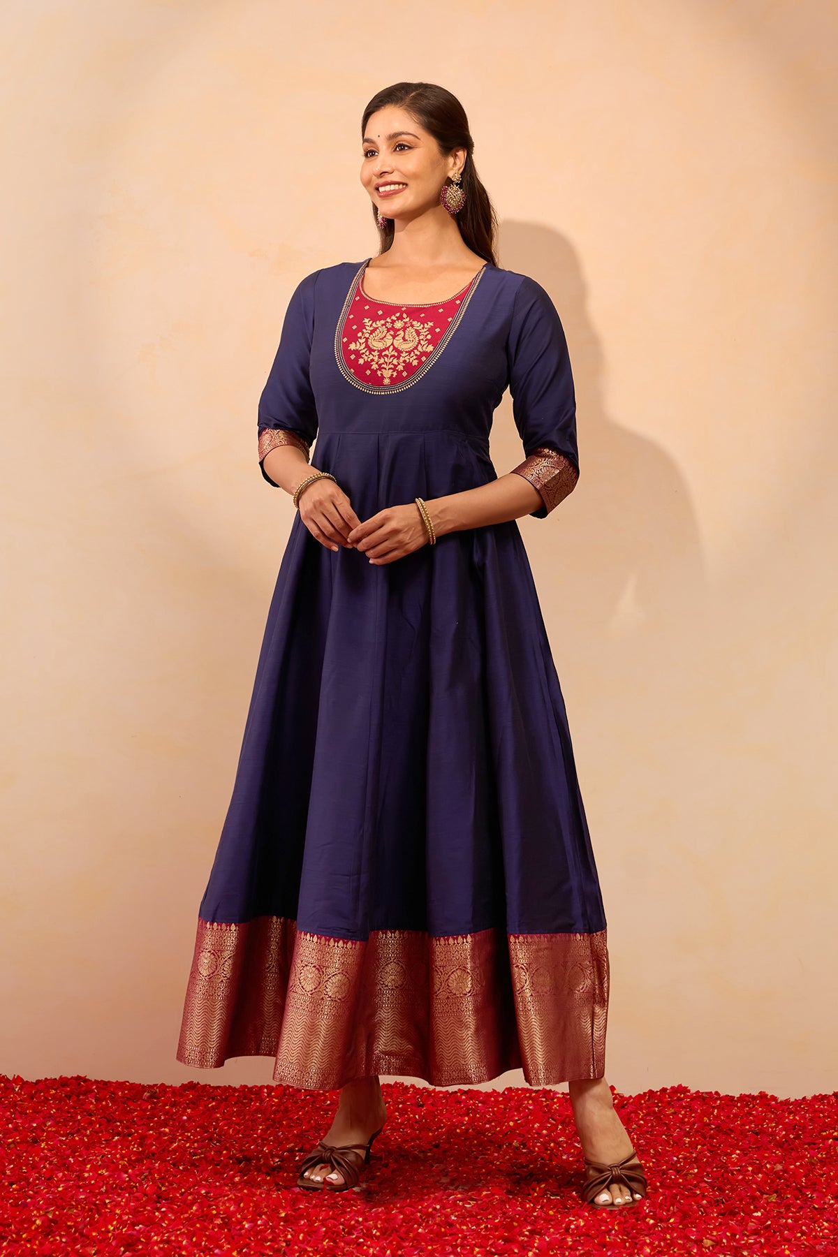 Peacock Printed Anarkali - Navy Blue