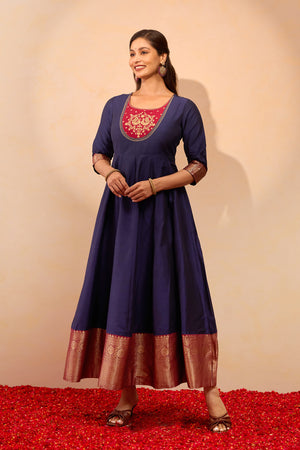 Peacock Printed Anarkali - Navy Blue