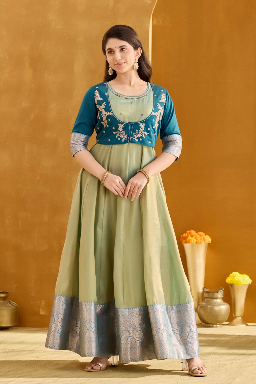 Emerald Green Anarkali Dress with Golden Embroidery & Zari Border ...
